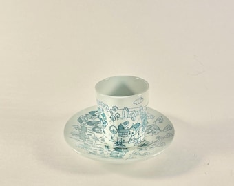 Vintage Danish Cup and Saucer Nymolle Art Faience Demitasse with Village Harbor Scene