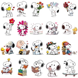 Może przedstawiać: Kolekcja ilustracji postaci Snoopy'ego w różnych pozach. Snoopy jest przedstawiony z kwiatami, balonami z napisem "LOVE" i bukietem. Inne obrazy przedstawiają Snoopy'ego z Woodstockiem, Charliem Brownem i kotem.