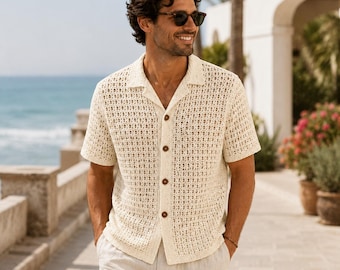 Men's Crochet Top Pattern, Button Up Crochet Shirt PDF, Short Sleeve Summer Mens Shirt Digital Download