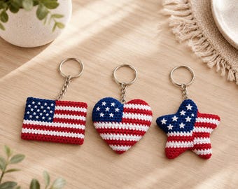 Crochet American Flag Keychain Pattern PDF, 3 in 1 Patriotic 4th of July Crochet Pattern, USA Flag Heart Star Keyring.Instant Download.