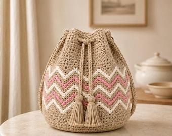 Crochet Bucket Bag Pattern PDF, Boho Drawstring Purse Tutorial, Chevron Shoulder Bag Crochet Pattern