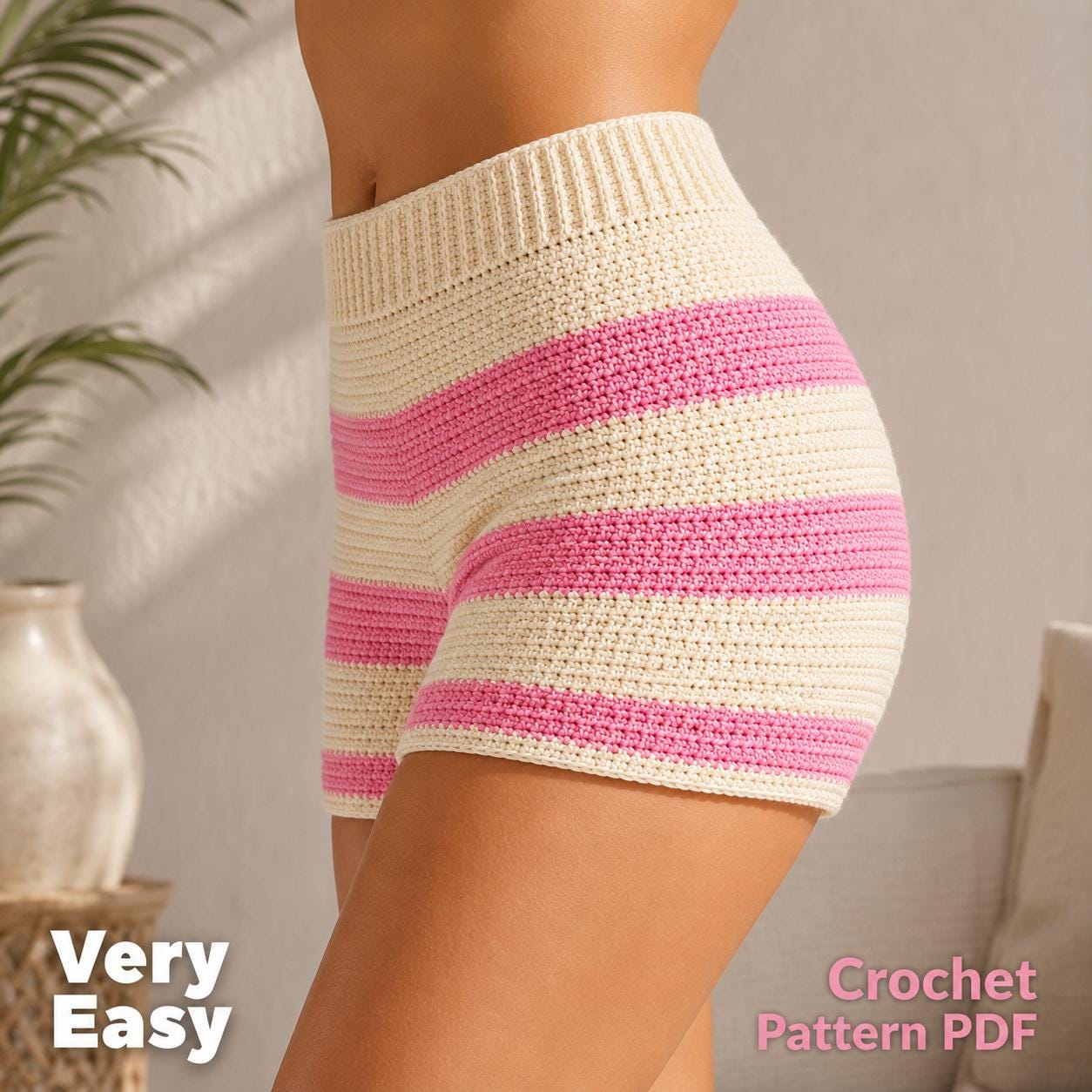 30 Women’s Crochet Shorts Patterns To Make Before Summer Hits 8 Pink Stripe High-Waist Beach Cover-Up Shorts