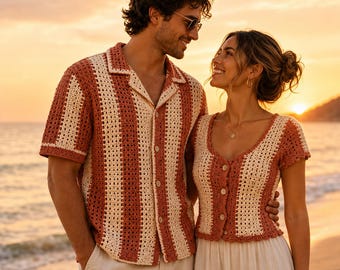 Crochet Matching Tops Pattern PDF, His and Hers Button Up Shirt, Summer Couple Crochet Outfit, Men Women Top,Instant Download