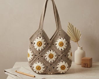 Granny Square Crochet Bag Pattern, Boho Tote Bag PDF, Beginner Market Tote Crochet Pattern, Handmade Purse Tutorial
