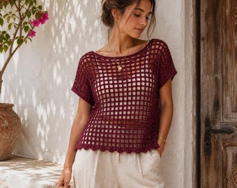 Crochet Mesh Top Pattern PDF, Easy Summer Cover Up, Boho Beach Crochet Tee Tutorial,Beginner Friendly Crochet Shirt,PDF download