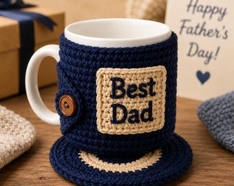 Father’s Day Crochet Mug Cozy Pattern PDF, Best Dad Coffee Cup Sleeve and Coaster, Easy Crochet Gift for Dad,Instant Download