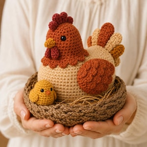May include: A crocheted hen and a small chick sitting in a brown woven nest. The hen has a tan body, rust-colored wings, a dark red comb and wattle, and a yellow beak. The small chick is yellow with a tiny orange beak and black eyes.