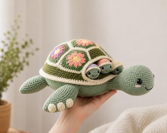 Crochet Turtle Pattern PDF, Mommy Turtle with Baby Hatchlings, Floral Shell Amigurumi Plush Toy, Baby Shower Nursery Gift, Instant Download