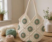 Crochet Tote Bag Pattern PDF, Floral Granny Square Bag Tutorial, Crochet Shoulder Bag Pattern, Summer Market Bag DIY