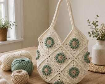 Crochet Tote Bag Pattern PDF, Floral Granny Square Bag Tutorial, Crochet Shoulder Bag Pattern, Summer Market Bag DIY