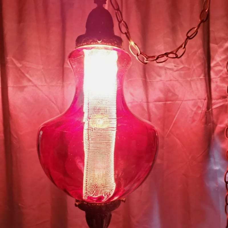 Vintage Hanging Red Glass Swag Lamp 