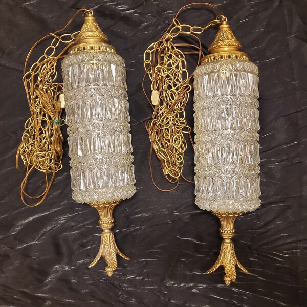 Set of 2 Hollywood Regency Vintage Swag Hanging Clear Cut Glass Lamps 60s - 70s