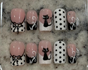 French tip polka dot, bow and cat design custom press on nails, premium hand painted design with gems/diamonds handmade nails gift for her