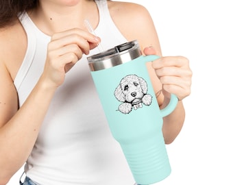 Taza de viaje con retrato de cachorro Doodle / Vaso térmico de 40 oz