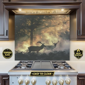 Deer Forest Glass Backsplash, Misty Woodland Kitchen Backsplash, Rustic Decor