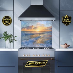 Salpicadero de vidrio Ocean Sunset, protector contra salpicaduras de cocina Coastal Wave, panel resistente al calor