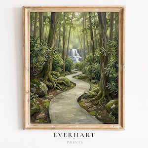 May include: A framed landscape painting shows a winding path through a verdant forest, leading to a waterfall. The artwork uses greens and browns, with the text "EVERHART PRINTS" at the bottom.