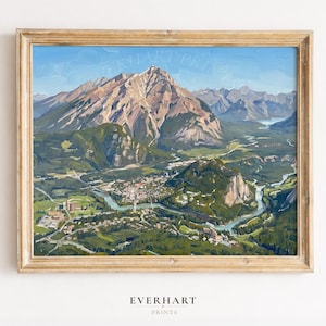 Print van de top van Sulphur Mountain in Banff National Park, muurdecoratie met uitzicht op een stadje in Canada, landschapsposter van de Bow Valley in Alberta (digitale download)