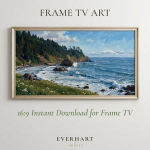 May include: A landscape painting in a gold frame titled FRAME TV ART. The artwork depicts a coastal scene with a dark green pine forest on a cliff, rocky shoreline, blue ocean waves, and white flowers in the foreground. Text reads 16:9 Instant Download.