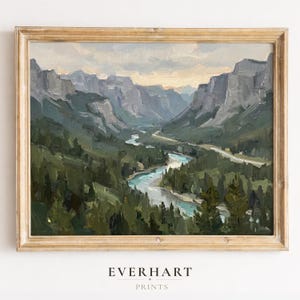 May include: An oil painting of a mountain landscape with a river winding through a valley. The artwork features a palette of greens, blues, and grays, framed in a gold-toned wooden frame. The text "EVERHART PRINTS" is at the bottom.