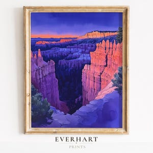 Bryce Canyon National Park Print, Sunset Point Dusk Wall Art, Blue Hour Canyon Gouache Poster (Digital Download)
