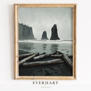 Lámina del Parque Nacional Olímpico, Arte mural de Ruby Beach Sea Stack, Póster de pintura al óleo de la costa del Pacífico (Descarga digital)