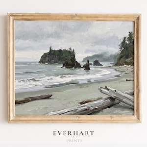 May include: A framed landscape painting of a coastal scene with a beach, ocean, and rocky islands. The artwork features muted tones of gray, green, and brown, with driftwood in the foreground. The text "EVERHART PRINTS" is at the bottom.