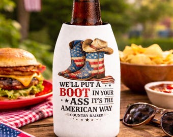 Funda térmica con cremallera para botellas con diseño de botas vaqueras y bandera estadounidense / Aislante térmico para bebidas con temática patriótica.