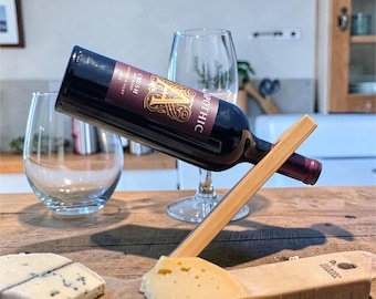 Wine Bottle Holder Gift Enthusiast Wooden Rack Display Stand Kitchen Counter Showcase Housewarming Present Idea Balancing Design Minimalist