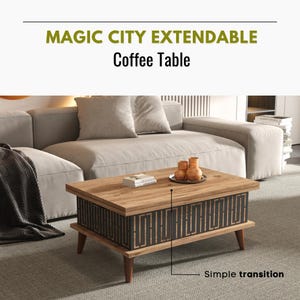 May include: A rectangular coffee table with a light wood grain top and dark grey patterned sides. The table has wooden legs and the text "MAGIC CITY EXTENDABLE Coffee Table". The table is designed for simple transition.