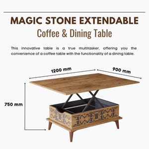 May include: A wooden extendable coffee and dining table. The table is 47 inches long, 35 inches wide, and 29.5 inches high. The table has a lift mechanism and decorative carvings on the base. The text "MAGIC STONE EXTENDABLE Coffee & Dining Table" is displayed.