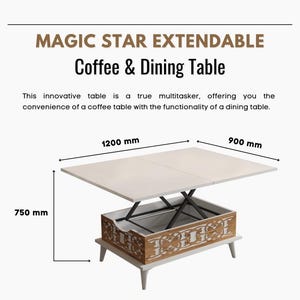May include: White extendable coffee and dining table with dimensions of 1200 mm x 900 mm x 750 mm. The table has a wooden base with decorative carvings and white legs. The text on the image says "MAGIC STAR EXTENDABLE Coffee & Dining Table."
