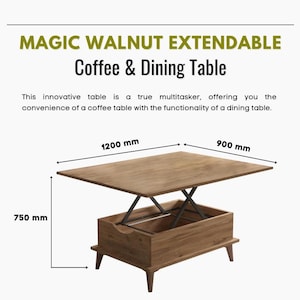 Può includere: Un tavolino da caffè e da pranzo allungabile in legno. Il tavolo è lungo 120 cm, largo 90 cm e alto 75 cm. Il tavolo ha un meccanismo di sollevamento ed è realizzato in noce. Il testo sull'immagine dice "MAGIC WALNUT EXTENDABLE Coffee & Dining Table."