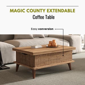 May include: A wooden extendable coffee table with a rectangular top and decorative front panel. The table has four tapered legs and features the text "MAGIC COUNTY EXTENDABLE Coffee Table" and "Easy conversion". A small tray with vases and a book are on the table.