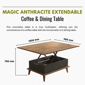 Op de afbeelding: Een converteerbare koffie- en eettafel met een donkerhouten blad en een zwarte basis. De tafel is 120 cm x 90 cm en 75 cm hoog. De tekst op de afbeelding luidt "MAGIC ANTHRACITE EXTENDABLE Coffee & Dining Table."