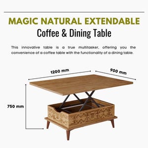 May include: A wooden extendable coffee and dining table. The table top measures 47.2 inches by 35.4 inches, and the table is 29.5 inches high. The base features carved details. The text "MAGIC NATURAL EXTENDABLE Coffee & Dining Table" is at the top.