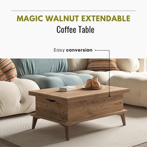 May include: A light brown extendable coffee table with the text "MAGIC WALNUT EXTENDABLE Coffee Table" and "Easy conversion". The table has a rectangular top and four angled legs. The table is shown in a living room setting.