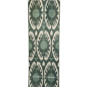 May include: A rectangular textile featuring a repeating pattern of white and teal-green oval shapes. The fabric appears folded or draped, with visible seams. The design is symmetrical, creating a visual texture.