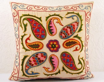刺繍入りスザニ枕カバー、シルク刺繍ウズベキスタンクッション、手織り