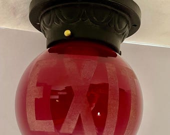 Vintage Glass Exit Sign Light Globe in Red Glass, Mid Century Exit