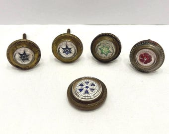 Antique Victorian Glass Star and Flower Tie Backs, Iron Picture Hangers