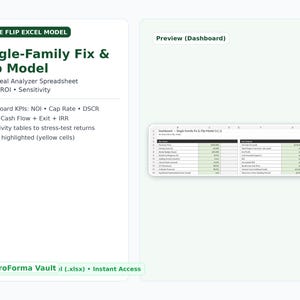 May include: A digital product preview of an Excel spreadsheet titled "Single-Family Fix & Flip Model." The spreadsheet analyzes real estate deals, displaying key performance indicators, cash flow, and sensitivity tables. The text "by ProForma Vault" is also visible.