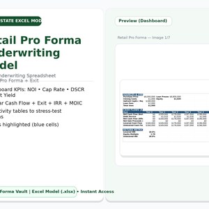 May include: A digital document titled "Retail Pro Forma Underwriting Model" with a green header. The document includes an Excel spreadsheet preview, key performance indicators, and cash flow details. The text highlights the model's features.