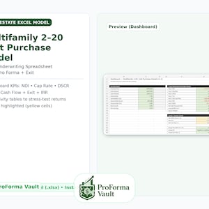 May include: A white graphic with the text "REAL ESTATE EXCEL MODEL" and "Multifamily 2-20 Unit Purchase Model". The image includes a spreadsheet preview and a list of key performance indicators. The ProForma Vault logo is at the bottom.