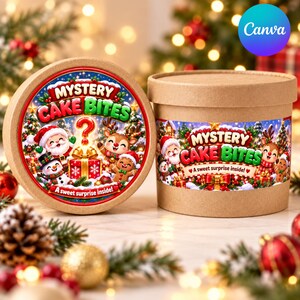 May include: Two round cardboard containers for Mystery Cake Bites featuring a festive Christmas design with a Santa Claus, a reindeer, a snowman, a gingerbread person, and a gift box. The text reads Mystery Cake Bites A sweet surprise inside.