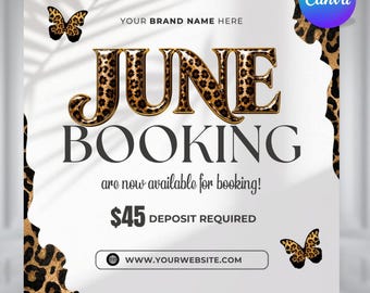 Luxe juni boekingsfolder Canva-sjabloon, schoonheidsflyer met luipaardprint, boeken open zomerafspraak, DIY-tekst, instant download