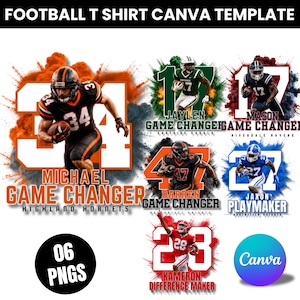 May include: A digital collection of six football t-shirt designs featuring players in uniforms with numbers, team names, and text like GAME CHANGER, PLAYMAKER, and DIFFERENCE MAKER. The graphics include colorful smoke effects and the Canva logo.