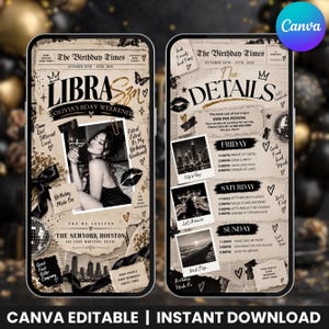 May include: Two digital smartphone screens displaying a newspaper-themed birthday invitation design. The layout features vintage beige paper textures, black typography, a black and white photograph, and decorative elements like butterflies, crowns, and hearts.