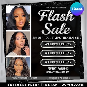 Può includere: Volantino nero e argento con la scritta "Flash Sale" e tre pulsanti con la scritta "Your Deal Here". Il volantino include immagini di tre donne e il testo "50% OFF - Don't miss the chance". Il volantino include anche il testo "Editable Flyer | Instant Download".
