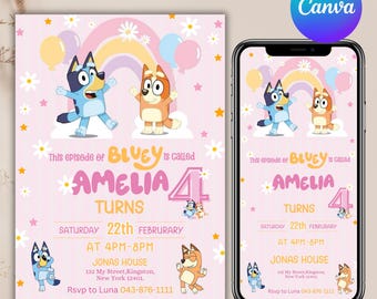 Invito di compleanno Bluey Invito di compleanno Bingo modificabile Invito di compleanno Bluey e Bingo Invito alla festa di compleanno Bluey, Canva Modificabile